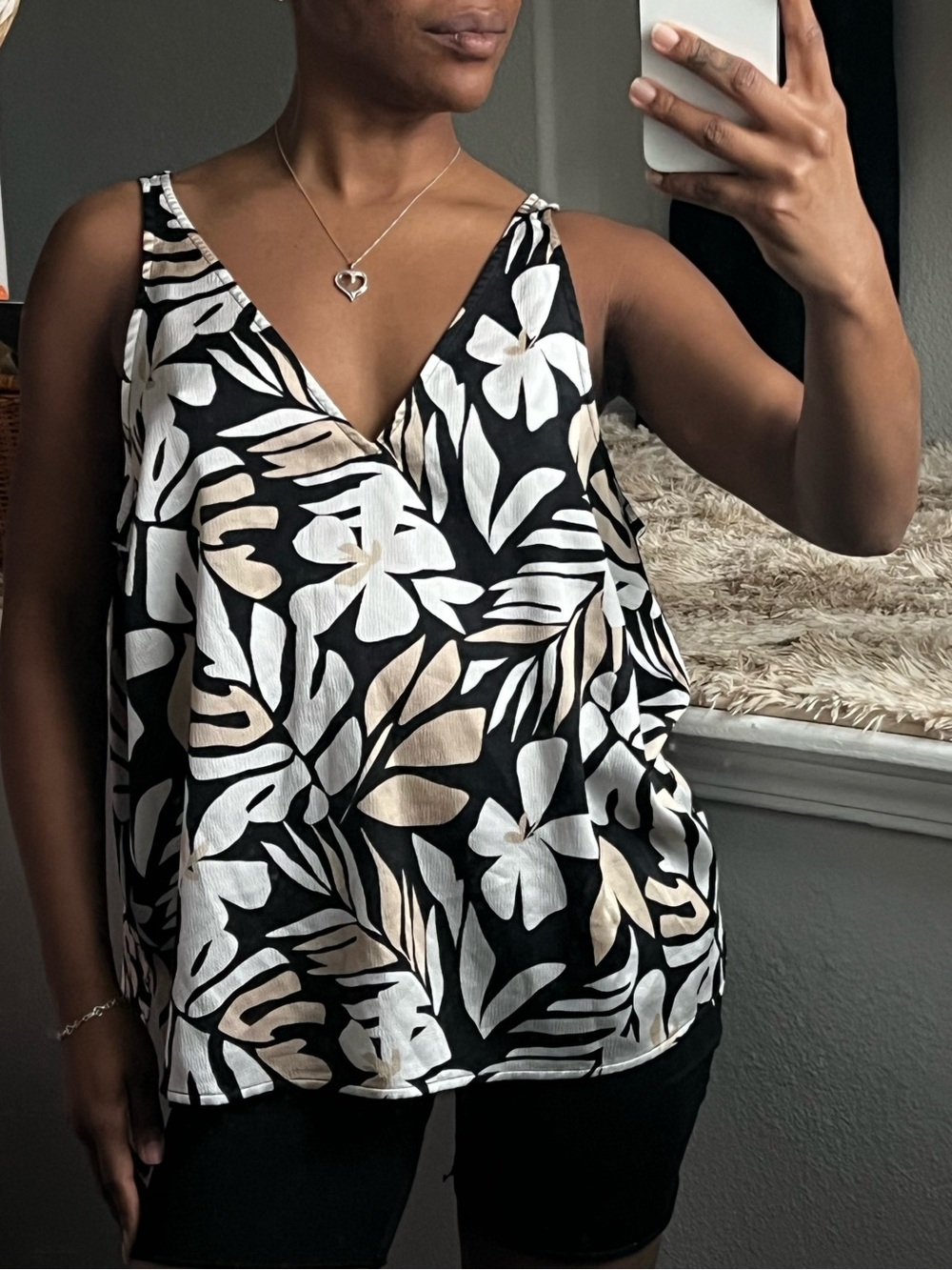 Old Navy Black Floral Tank Top with White and Beige Leaf Print